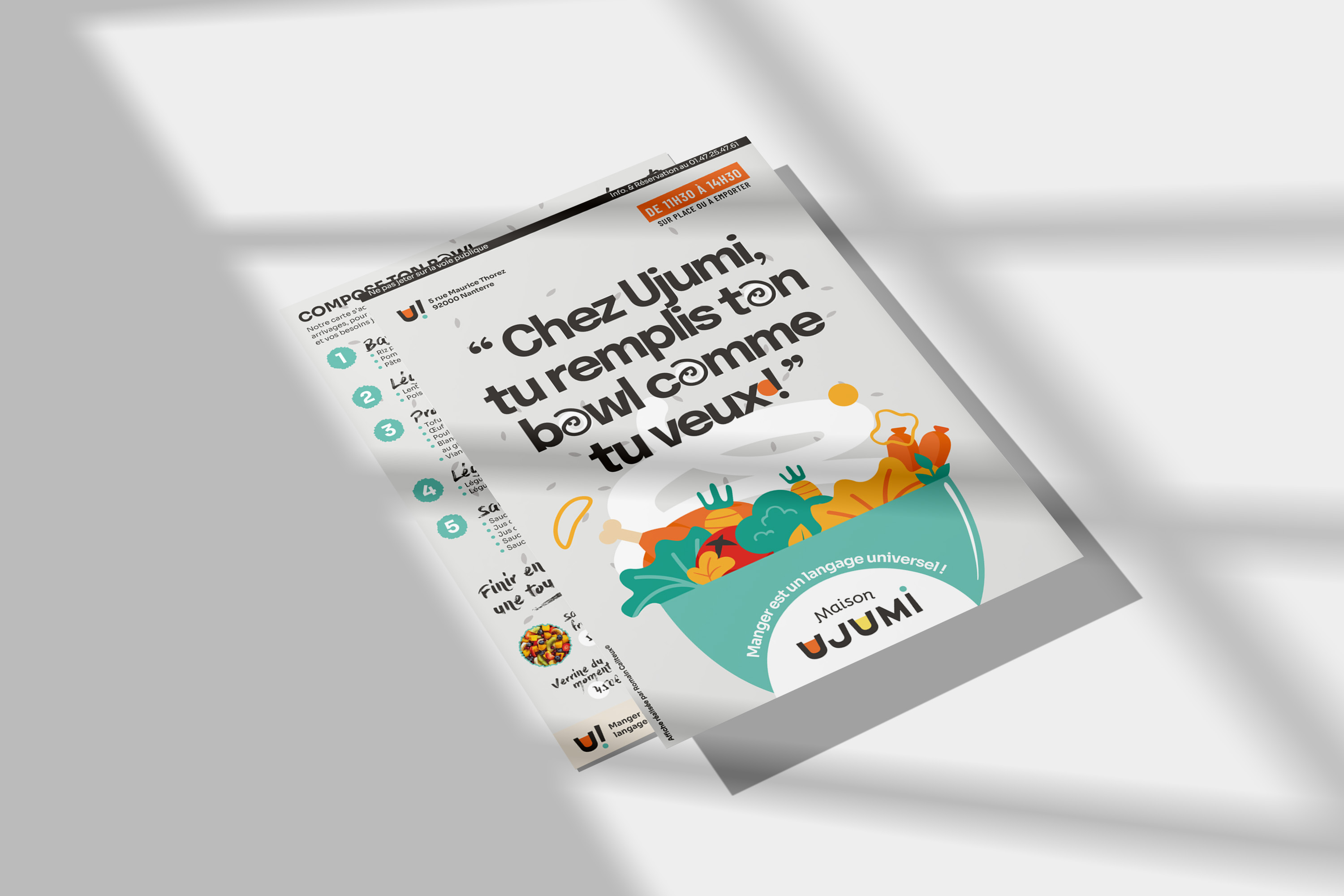 Mockup flyers carte, UJUMI, refonte d'identité visuelle par Florent Andarelli